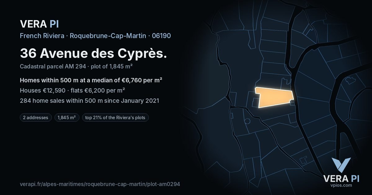 36 Avenue des Cyprès, Roquebrune-Cap-Martin at night – the plot lit, the parcels around coloured by the prices near them