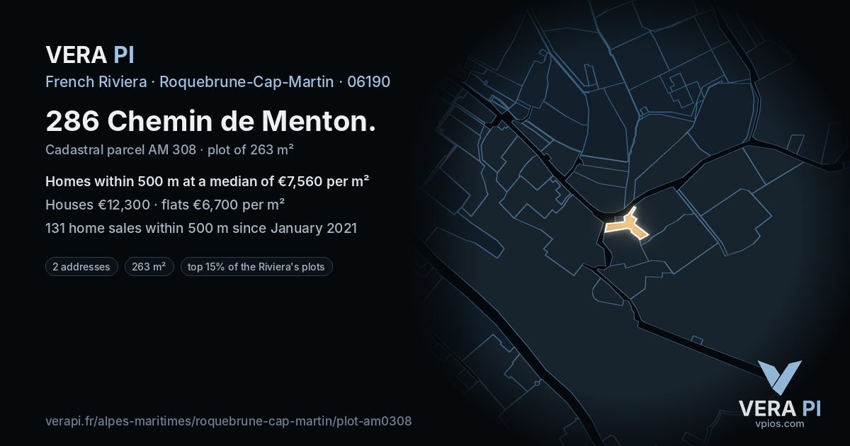 286 Chemin de Menton, Roquebrune-Cap-Martin at night – the plot lit, the parcels around coloured by the prices near them