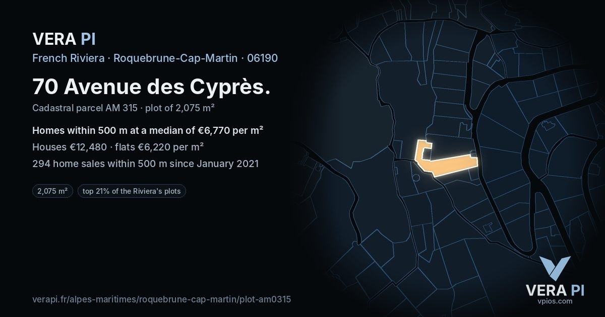 70 Avenue des Cyprès, Roquebrune-Cap-Martin at night – the plot lit, the parcels around coloured by the prices near them