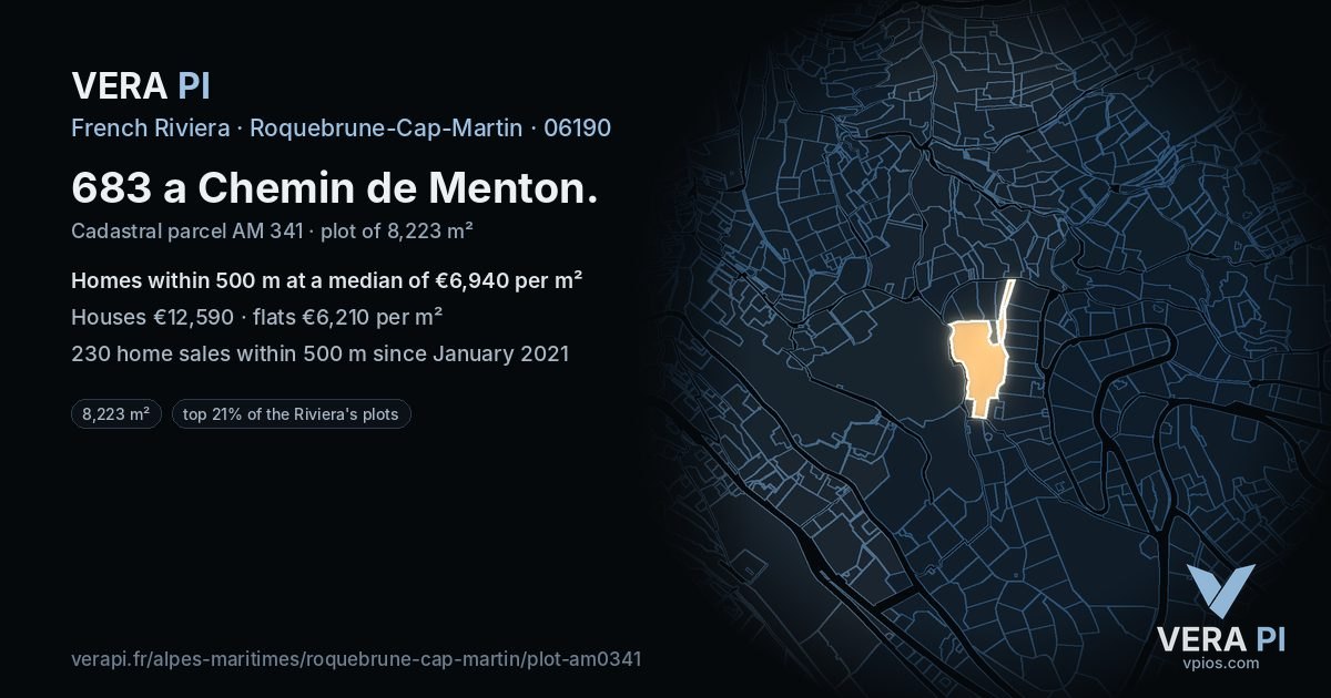 683 a Chemin de Menton, Roquebrune-Cap-Martin at night – the plot lit, the parcels around coloured by the prices near them