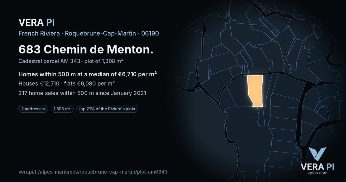 683 Chemin de Menton, Roquebrune-Cap-Martin at night – the plot lit, the parcels around coloured by the prices near them