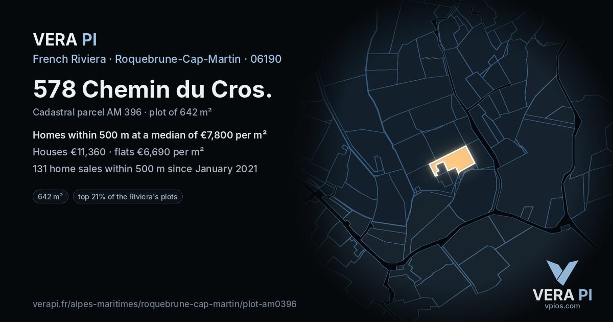 578 Chemin du Cros, Roquebrune-Cap-Martin at night – the plot lit, the parcels around coloured by the prices near them