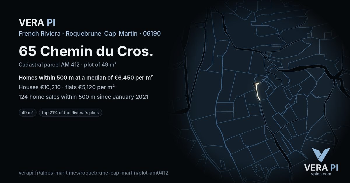 65 Chemin du Cros, Roquebrune-Cap-Martin at night – the plot lit, the parcels around coloured by the prices near them