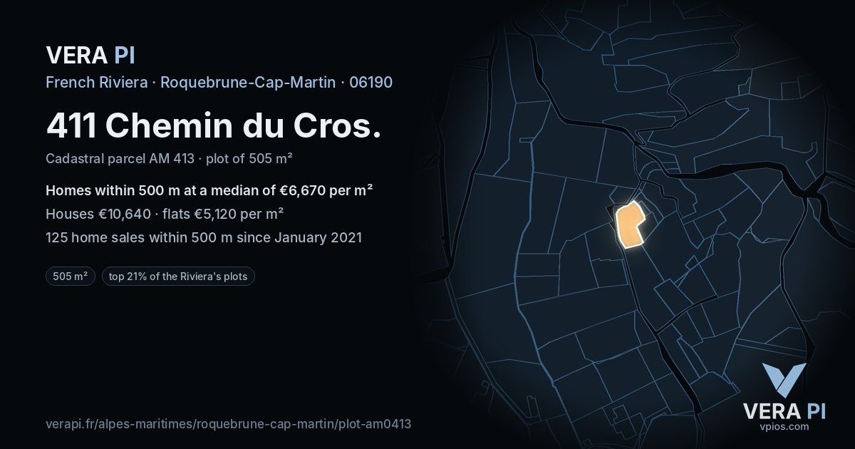 411 Chemin du Cros, Roquebrune-Cap-Martin at night – the plot lit, the parcels around coloured by the prices near them