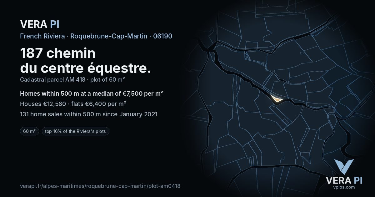 187 chemin du centre équestre, Roquebrune-Cap-Martin at night – the plot lit, the parcels around coloured by the prices near them