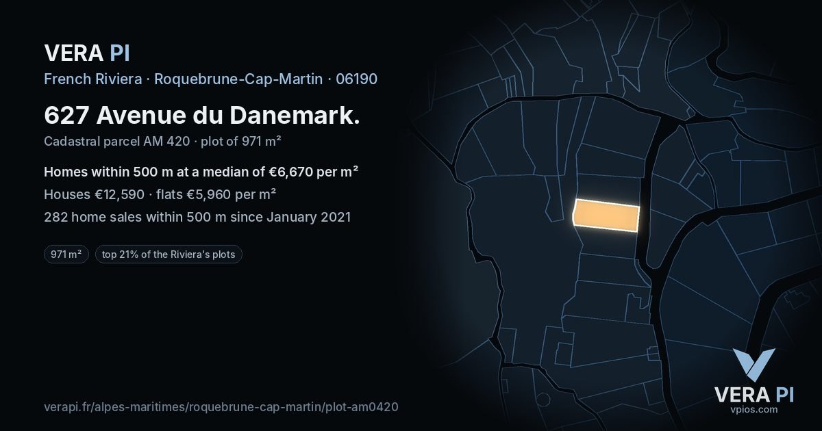 627 Avenue du Danemark, Roquebrune-Cap-Martin at night – the plot lit, the parcels around coloured by the prices near them