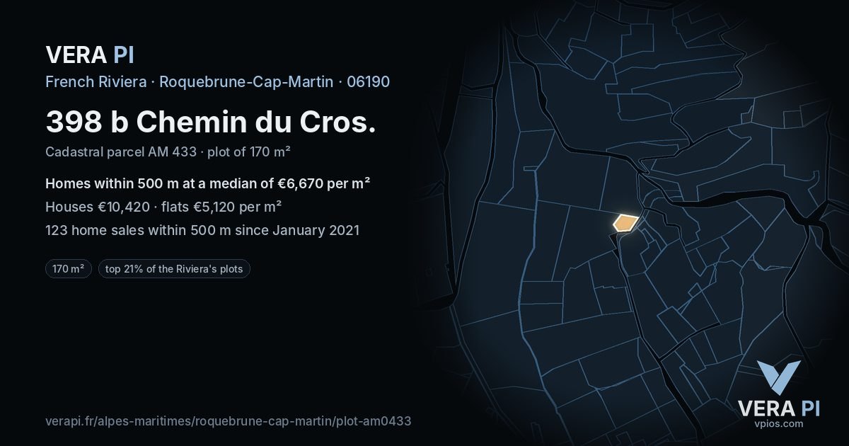 398 b Chemin du Cros, Roquebrune-Cap-Martin at night – the plot lit, the parcels around coloured by the prices near them