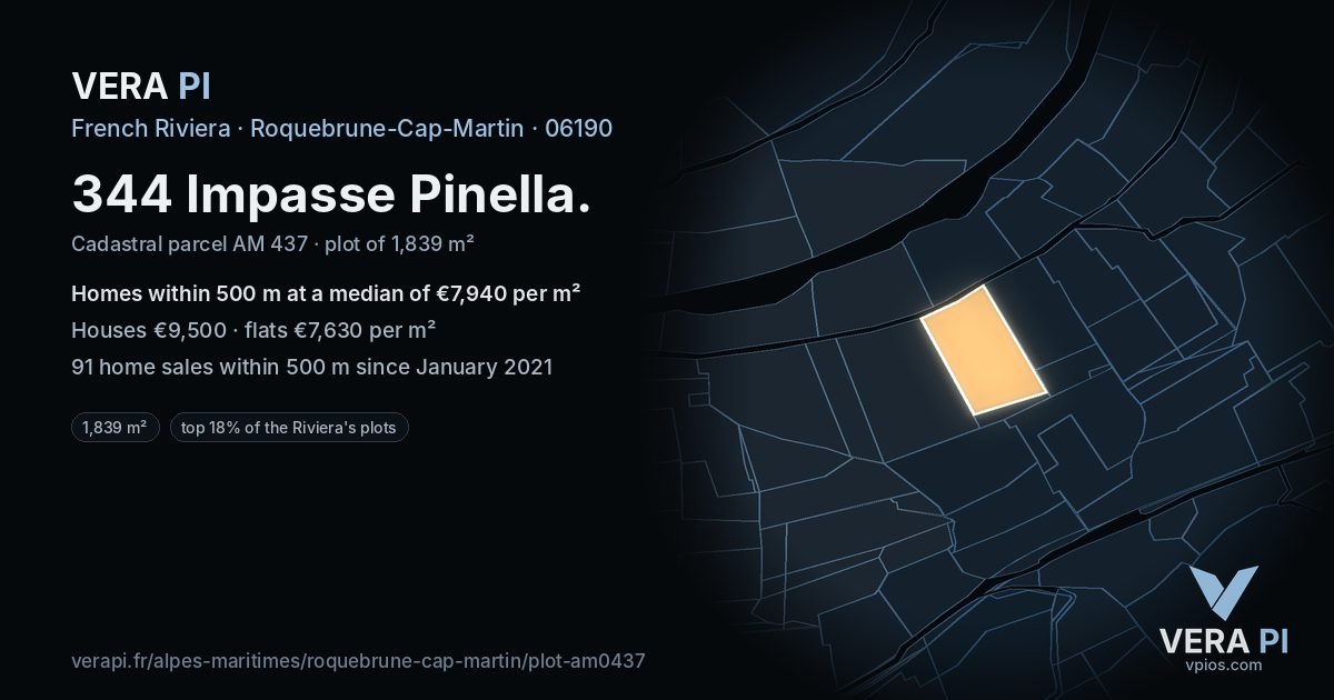 344 Impasse Pinella, Roquebrune-Cap-Martin at night – the plot lit, the parcels around coloured by the prices near them