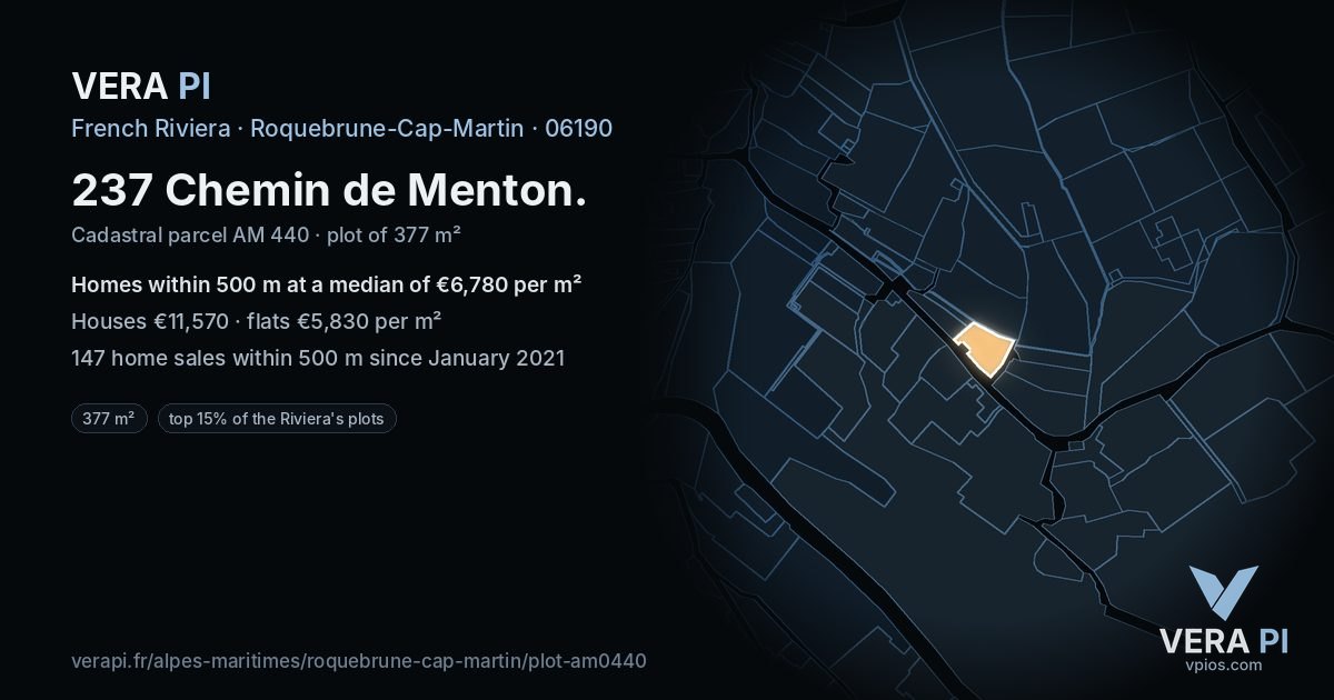 237 Chemin de Menton, Roquebrune-Cap-Martin at night – the plot lit, the parcels around coloured by the prices near them