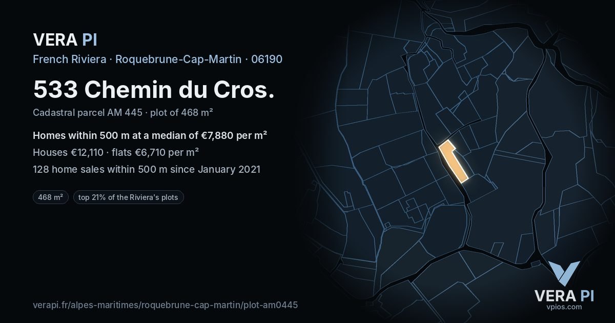533 Chemin du Cros, Roquebrune-Cap-Martin at night – the plot lit, the parcels around coloured by the prices near them