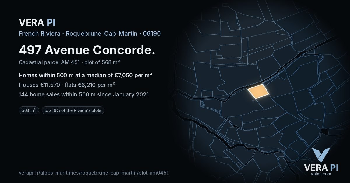 497 Avenue Concorde, Roquebrune-Cap-Martin at night – the plot lit, the parcels around coloured by the prices near them