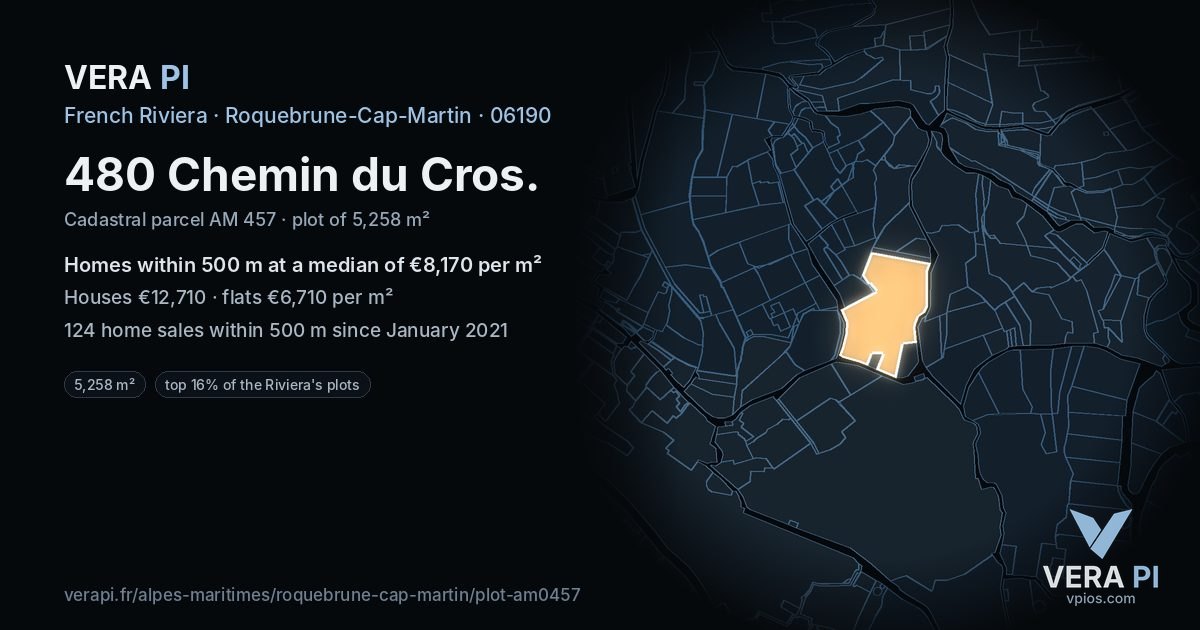 480 Chemin du Cros, Roquebrune-Cap-Martin at night – the plot lit, the parcels around coloured by the prices near them