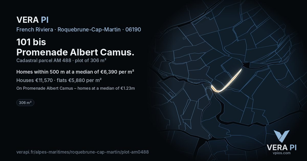 101 bis Promenade Albert Camus, Roquebrune-Cap-Martin at night – the plot lit, the parcels around coloured by the prices near them