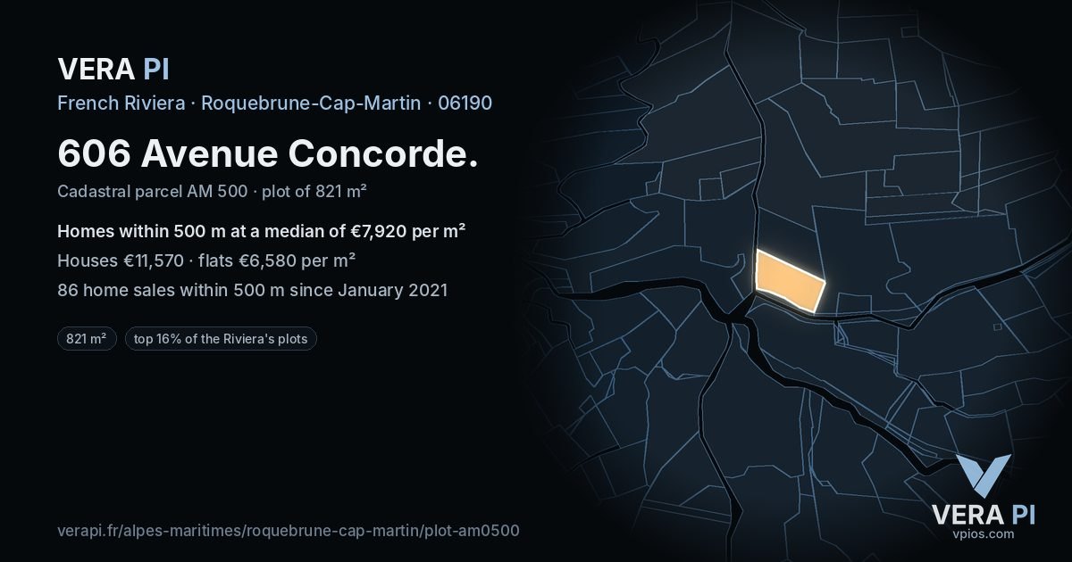 606 Avenue Concorde, Roquebrune-Cap-Martin at night – the plot lit, the parcels around coloured by the prices near them