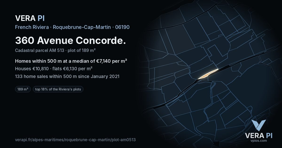 360 Avenue Concorde, Roquebrune-Cap-Martin at night – the plot lit, the parcels around coloured by the prices near them