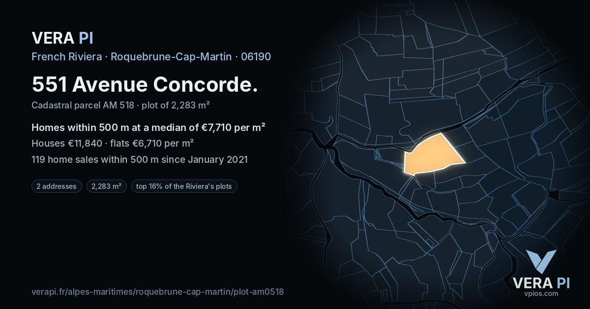 551 Avenue Concorde, Roquebrune-Cap-Martin at night – the plot lit, the parcels around coloured by the prices near them