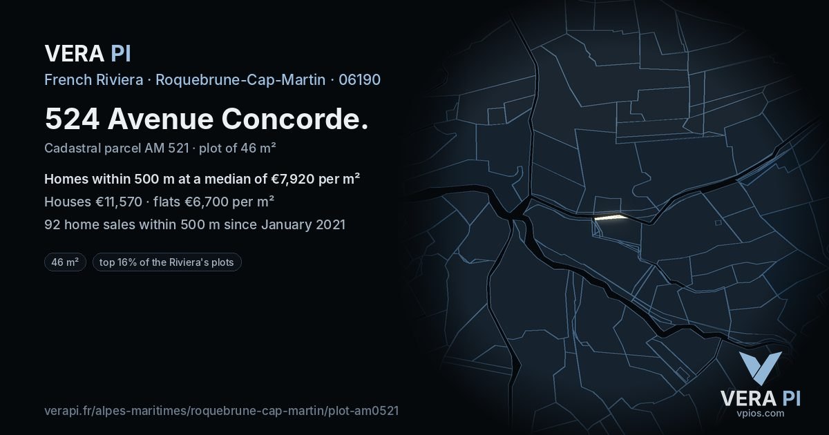 524 Avenue Concorde, Roquebrune-Cap-Martin at night – the plot lit, the parcels around coloured by the prices near them