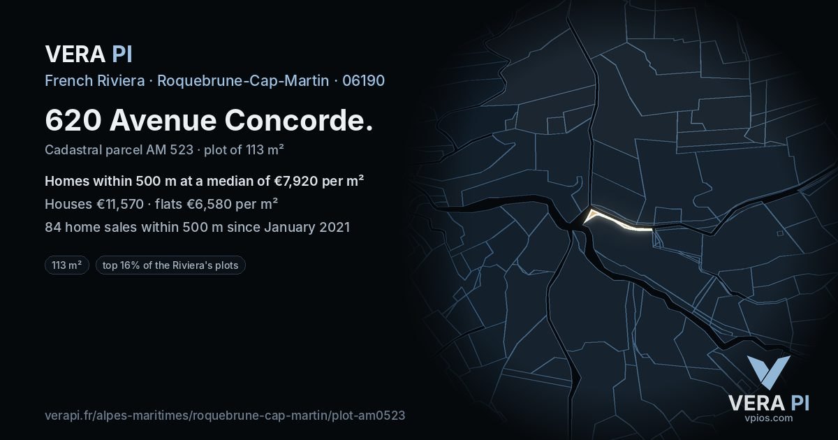 620 Avenue Concorde, Roquebrune-Cap-Martin at night – the plot lit, the parcels around coloured by the prices near them