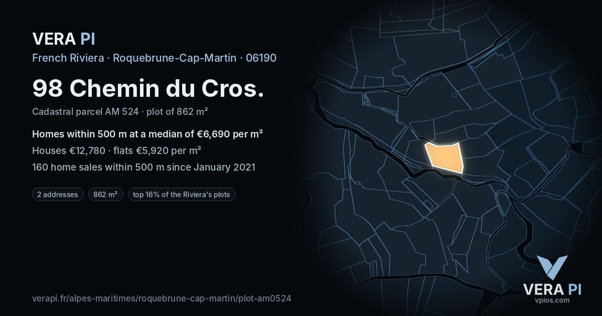 98 Chemin du Cros, Roquebrune-Cap-Martin at night – the plot lit, the parcels around coloured by the prices near them