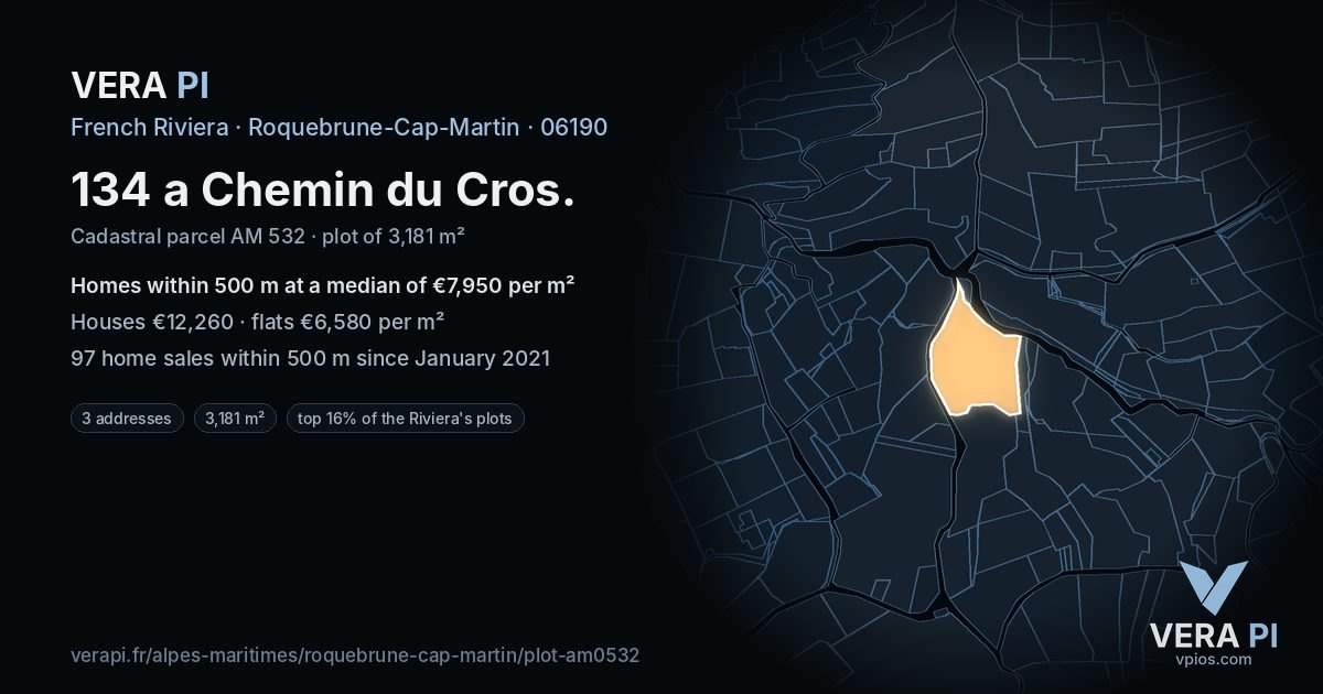 134 a Chemin du Cros, Roquebrune-Cap-Martin at night – the plot lit, the parcels around coloured by the prices near them