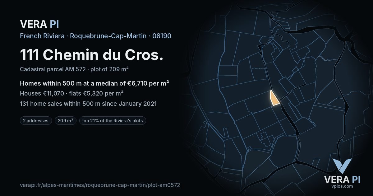111 Chemin du Cros, Roquebrune-Cap-Martin at night – the plot lit, the parcels around coloured by the prices near them