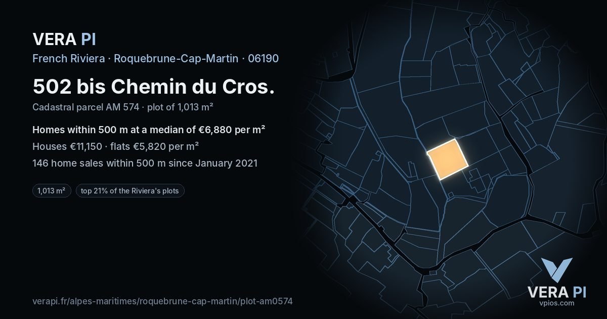 502 bis Chemin du Cros, Roquebrune-Cap-Martin at night – the plot lit, the parcels around coloured by the prices near them