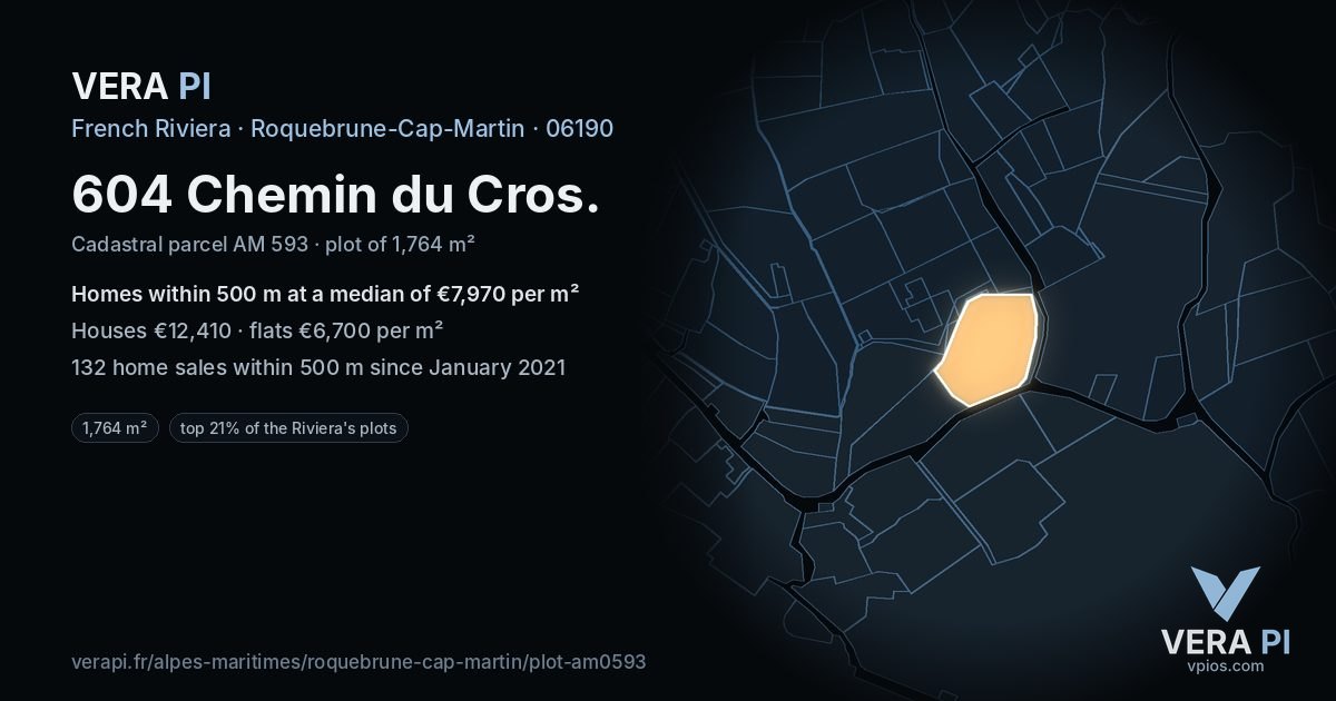 604 Chemin du Cros, Roquebrune-Cap-Martin at night – the plot lit, the parcels around coloured by the prices near them