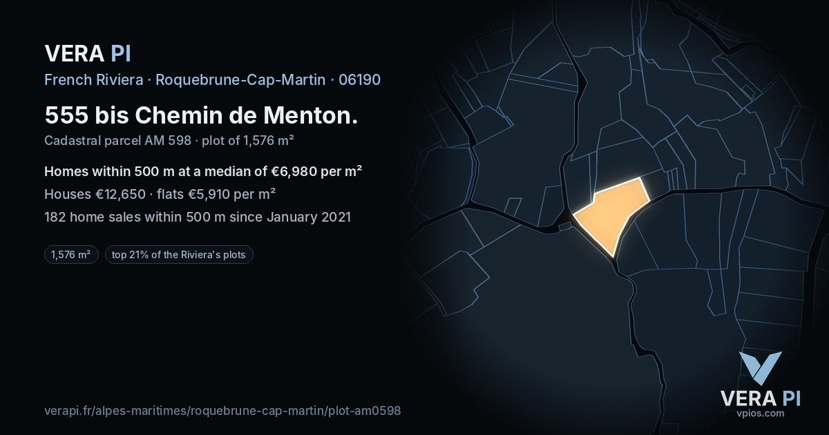 555 bis Chemin de Menton, Roquebrune-Cap-Martin at night – the plot lit, the parcels around coloured by the prices near them