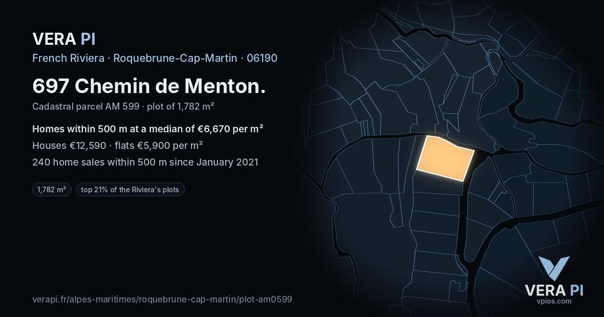 697 Chemin de Menton, Roquebrune-Cap-Martin at night – the plot lit, the parcels around coloured by the prices near them