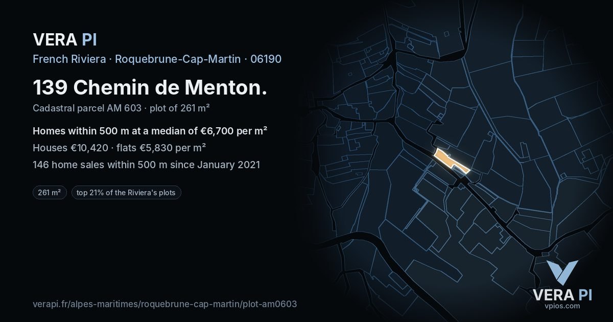 139 Chemin de Menton, Roquebrune-Cap-Martin at night – the plot lit, the parcels around coloured by the prices near them