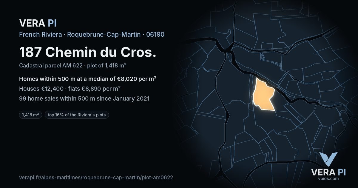 187 Chemin du Cros, Roquebrune-Cap-Martin at night – the plot lit, the parcels around coloured by the prices near them