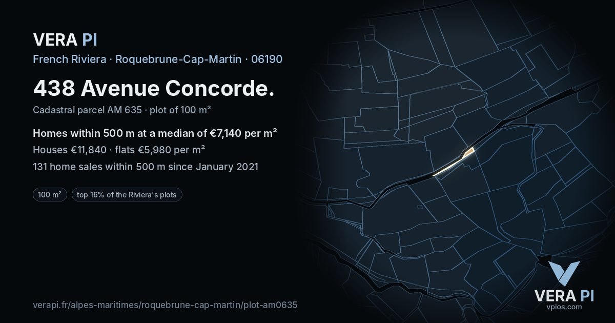 438 Avenue Concorde, Roquebrune-Cap-Martin at night – the plot lit, the parcels around coloured by the prices near them