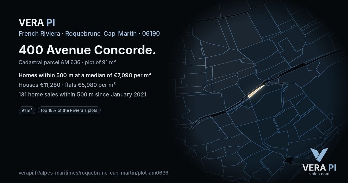 400 Avenue Concorde, Roquebrune-Cap-Martin at night – the plot lit, the parcels around coloured by the prices near them