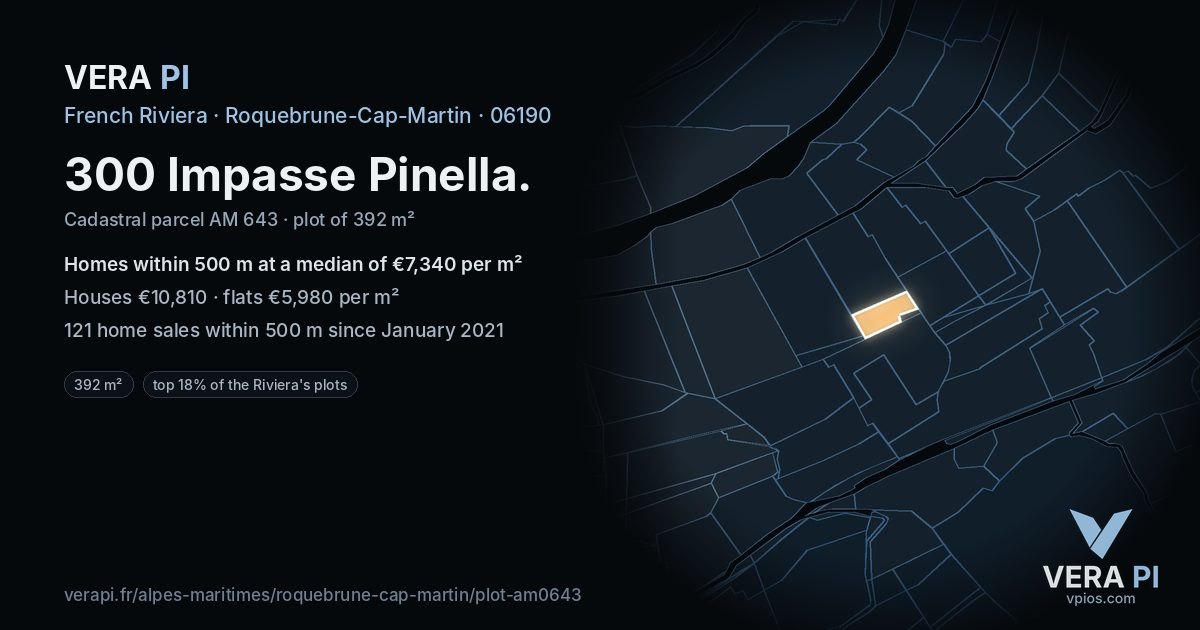 300 Impasse Pinella, Roquebrune-Cap-Martin at night – the plot lit, the parcels around coloured by the prices near them