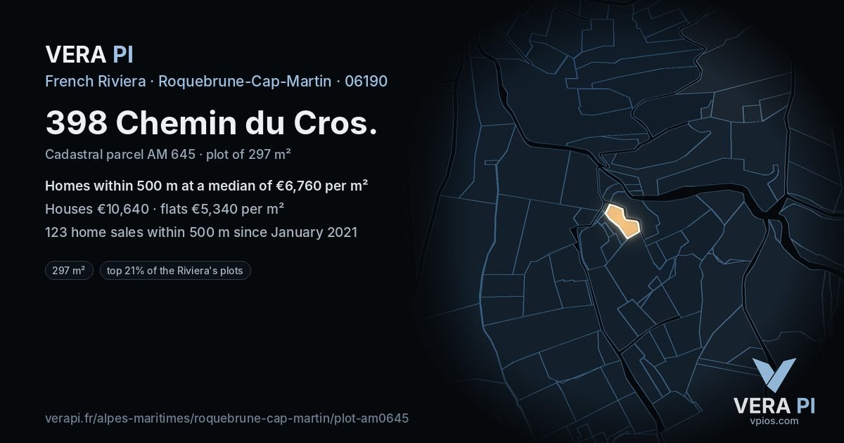 398 Chemin du Cros, Roquebrune-Cap-Martin at night – the plot lit, the parcels around coloured by the prices near them