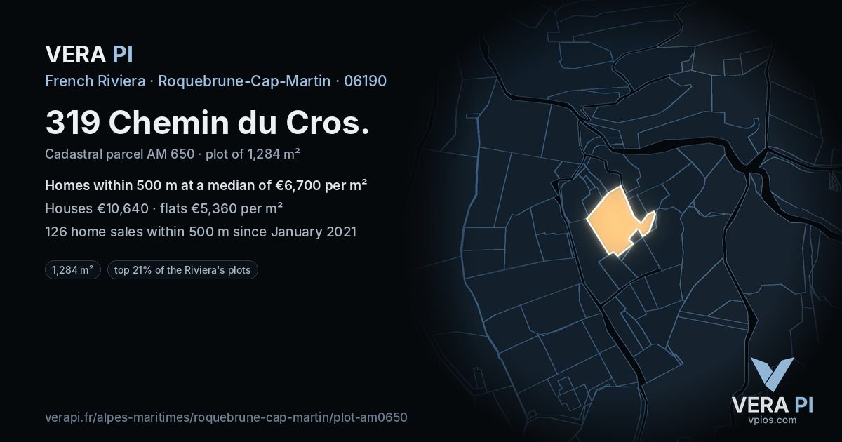 319 Chemin du Cros, Roquebrune-Cap-Martin at night – the plot lit, the parcels around coloured by the prices near them