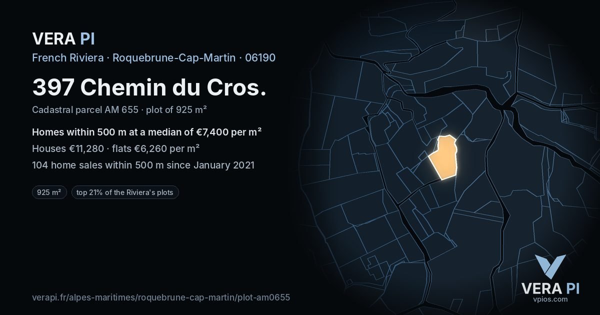 397 Chemin du Cros, Roquebrune-Cap-Martin at night – the plot lit, the parcels around coloured by the prices near them