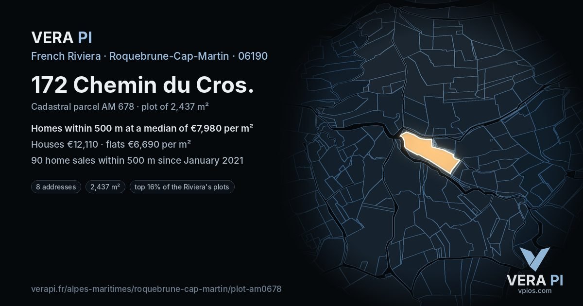 172 Chemin du Cros, Roquebrune-Cap-Martin at night – the plot lit, the parcels around coloured by the prices near them