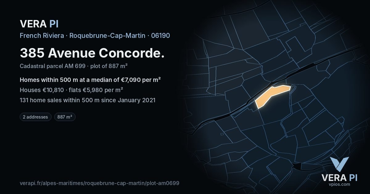 385 Avenue Concorde, Roquebrune-Cap-Martin at night – the plot lit, the parcels around coloured by the prices near them
