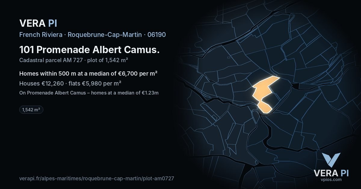 101 Promenade Albert Camus, Roquebrune-Cap-Martin at night – the plot lit, the parcels around coloured by the prices near them