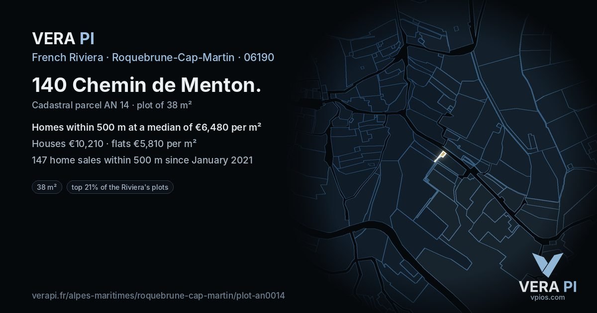 140 Chemin de Menton, Roquebrune-Cap-Martin at night – the plot lit, the parcels around coloured by the prices near them