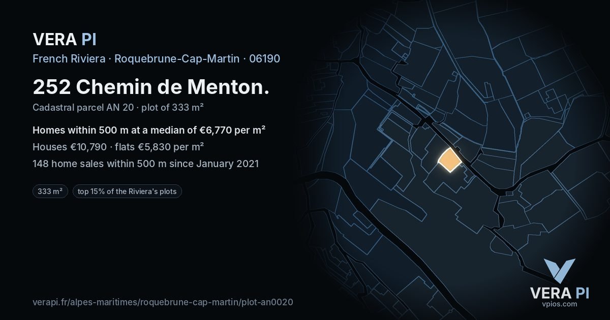 252 Chemin de Menton, Roquebrune-Cap-Martin at night – the plot lit, the parcels around coloured by the prices near them