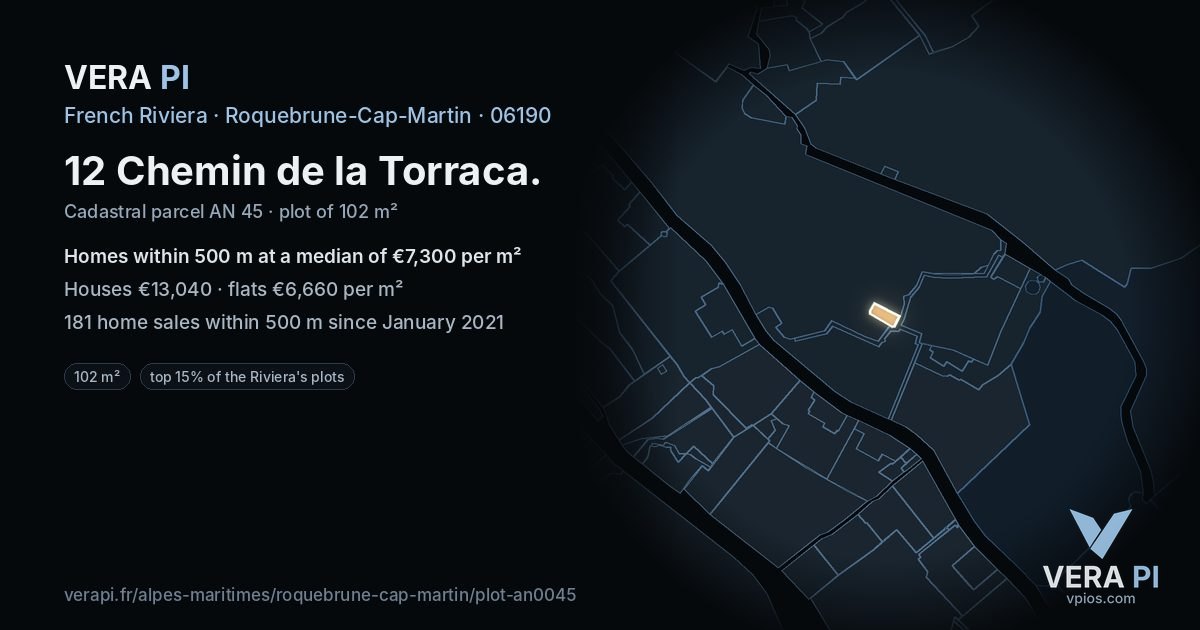 12 Chemin de la Torraca, Roquebrune-Cap-Martin at night – the plot lit, the parcels around coloured by the prices near them