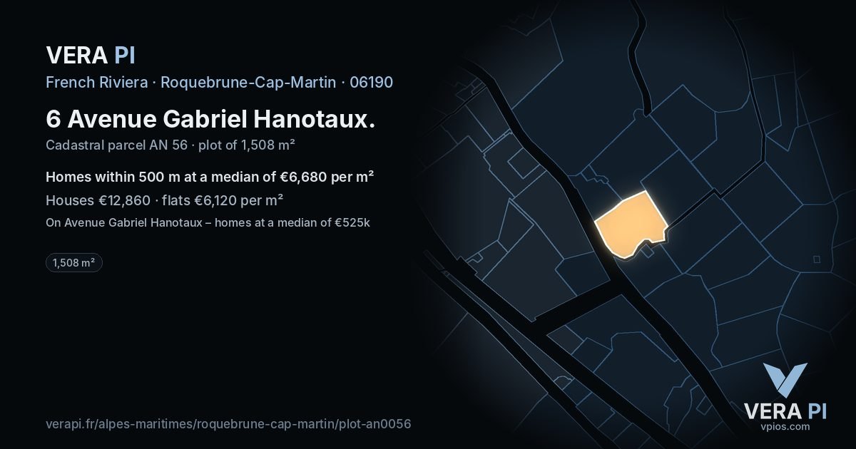 6 Avenue Gabriel Hanotaux, Roquebrune-Cap-Martin at night – the plot lit, the parcels around coloured by the prices near them