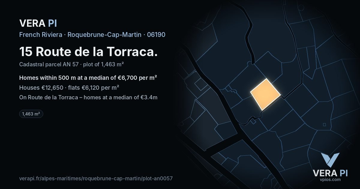 15 Route de la Torraca, Roquebrune-Cap-Martin at night – the plot lit, the parcels around coloured by the prices near them