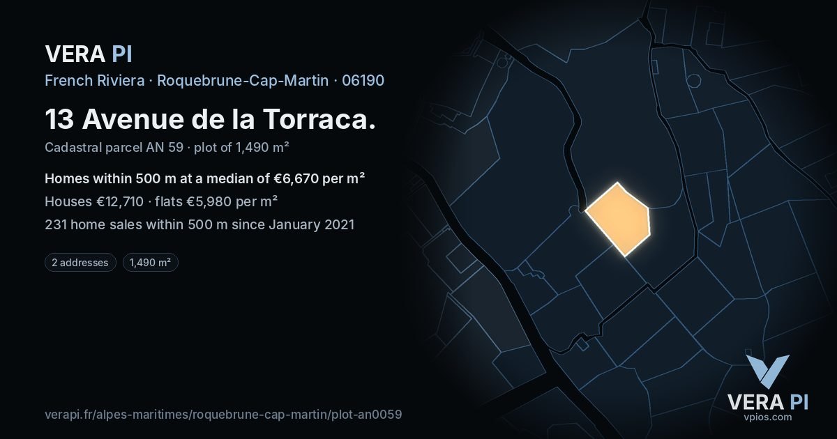 13 Avenue de la Torraca, Roquebrune-Cap-Martin at night – the plot lit, the parcels around coloured by the prices near them