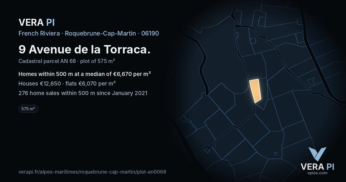 9 Avenue de la Torraca, Roquebrune-Cap-Martin at night – the plot lit, the parcels around coloured by the prices near them