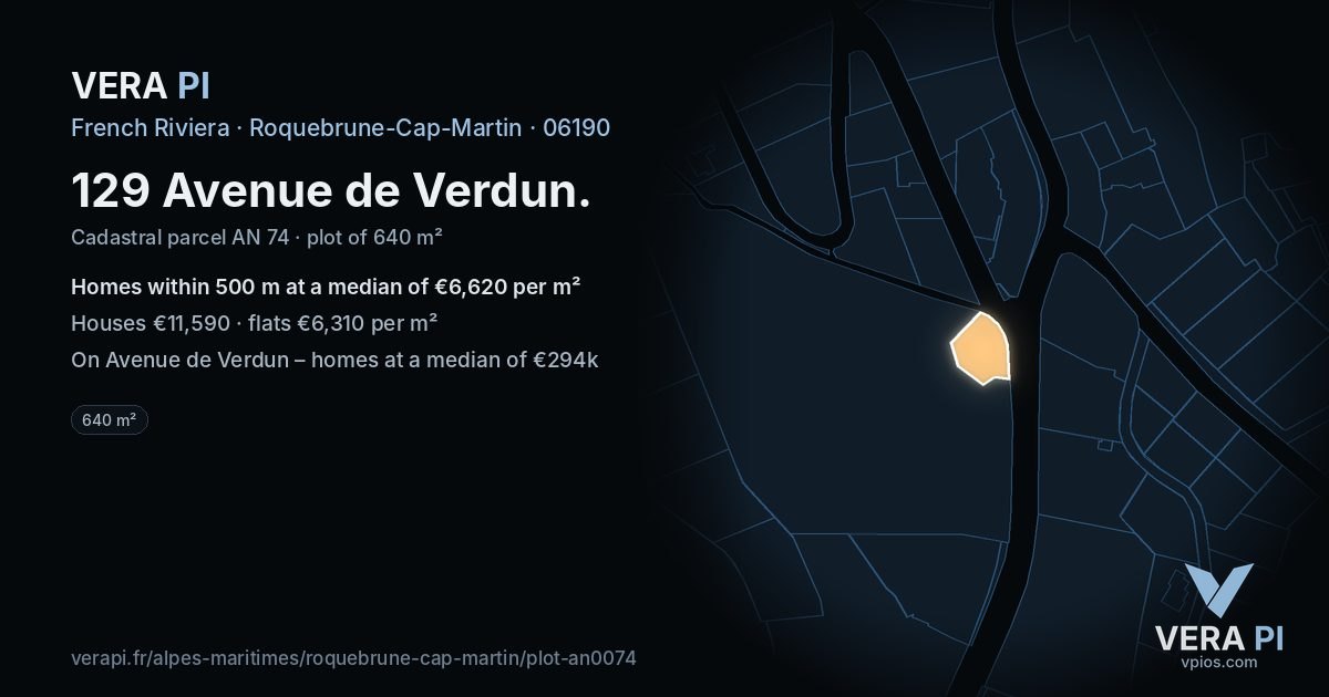 129 Avenue de Verdun, Roquebrune-Cap-Martin at night – the plot lit, the parcels around coloured by the prices near them
