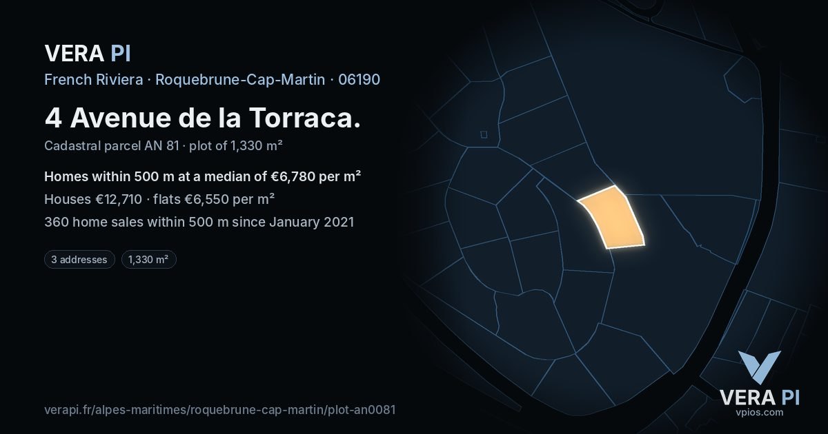4 Avenue de la Torraca, Roquebrune-Cap-Martin at night – the plot lit, the parcels around coloured by the prices near them