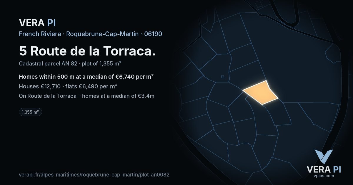 5 Route de la Torraca, Roquebrune-Cap-Martin at night – the plot lit, the parcels around coloured by the prices near them